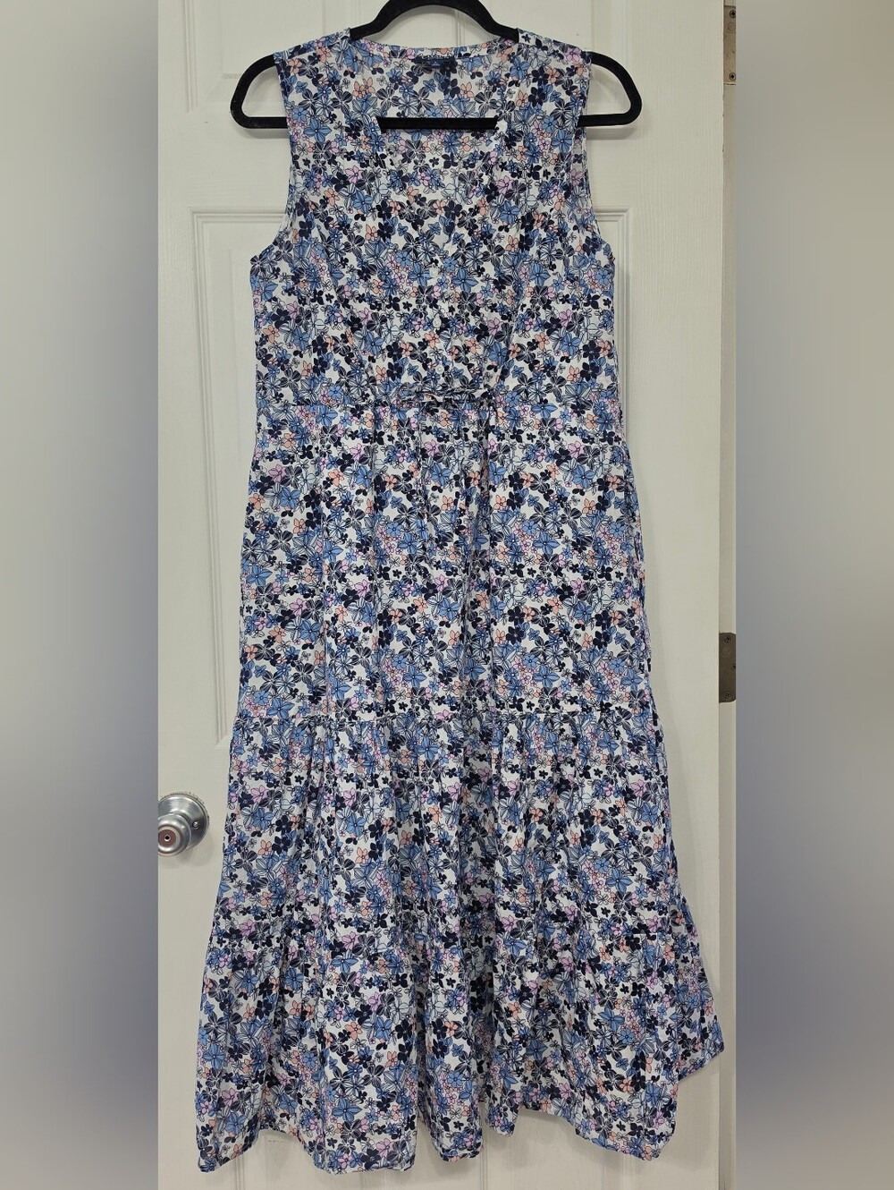 Chaps Blue & Pink Micro Floral Tiered Maxi Dress L